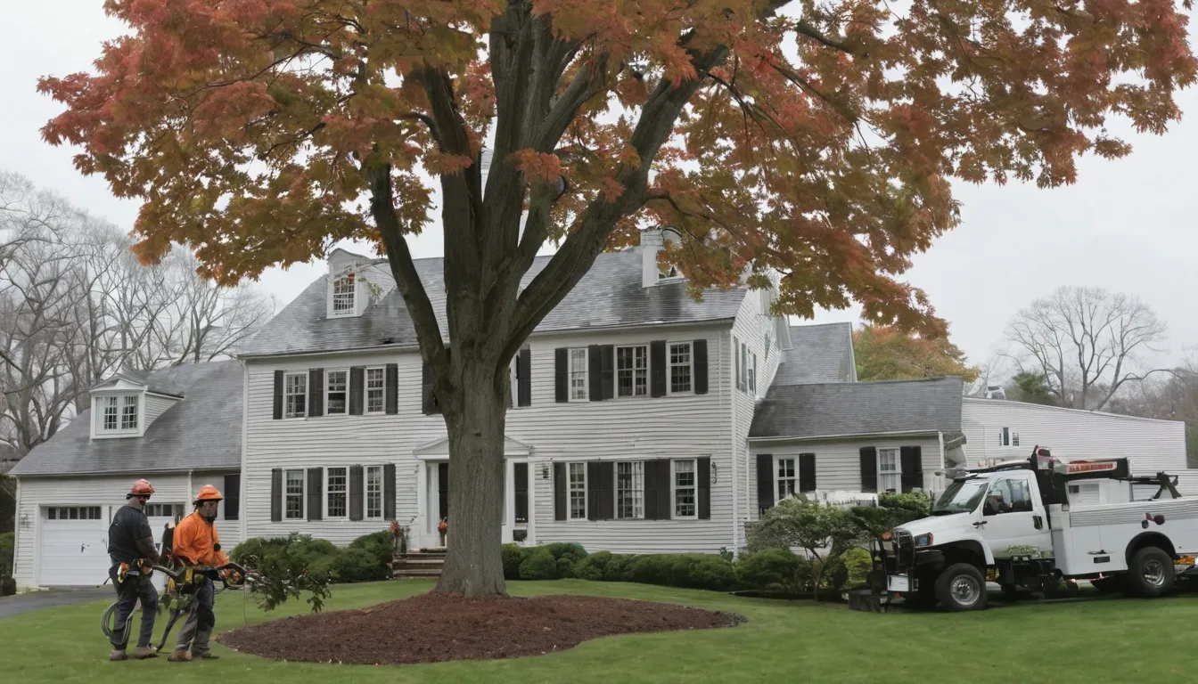Local tree removal provider cutting a large tree in a home yard near Brockton